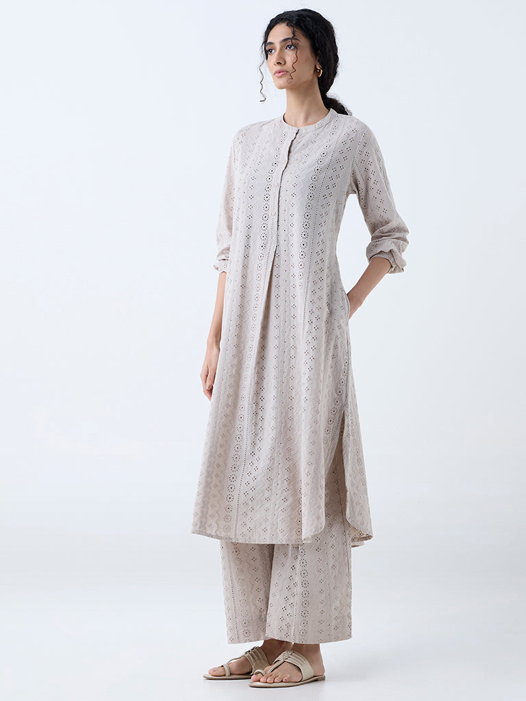 Westside Zuba Women's Taupe Schiffli Design Cotton A-Line Kurta for Work Wear Front View