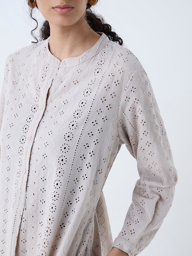 Westside Zuba Women's Taupe Schiffli Design Cotton A-Line Kurta for Work Wear Zoomed View