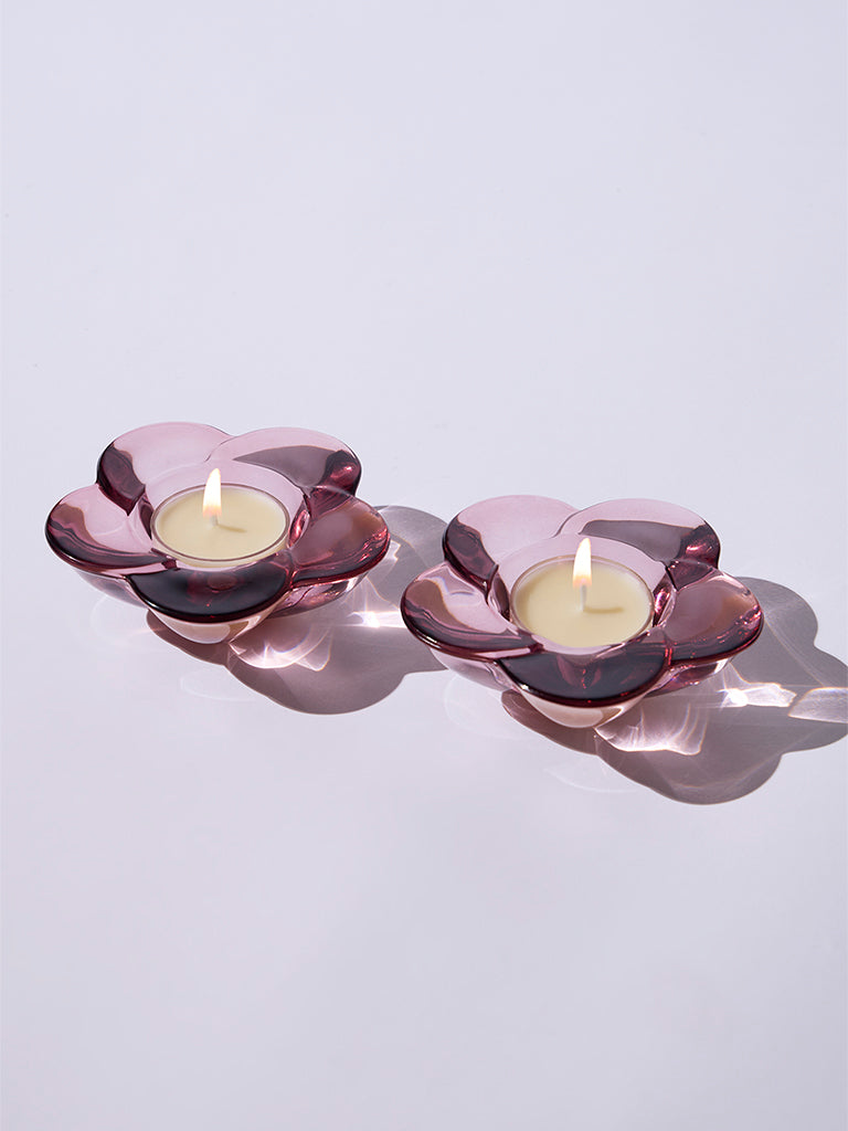 Westside Home Burgundy Floral Tealight Candle Holder (Set of 2) - Festive Season Gift