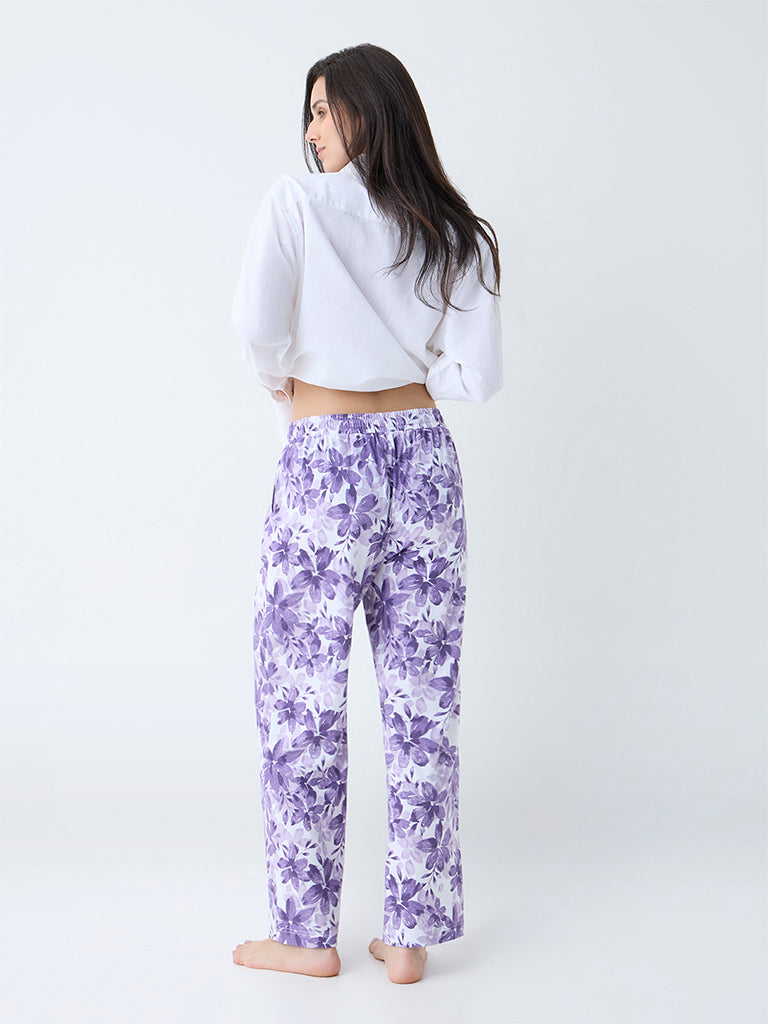 Wunderlove Purple Floral Design High-Rise Cotton Lounge Pants