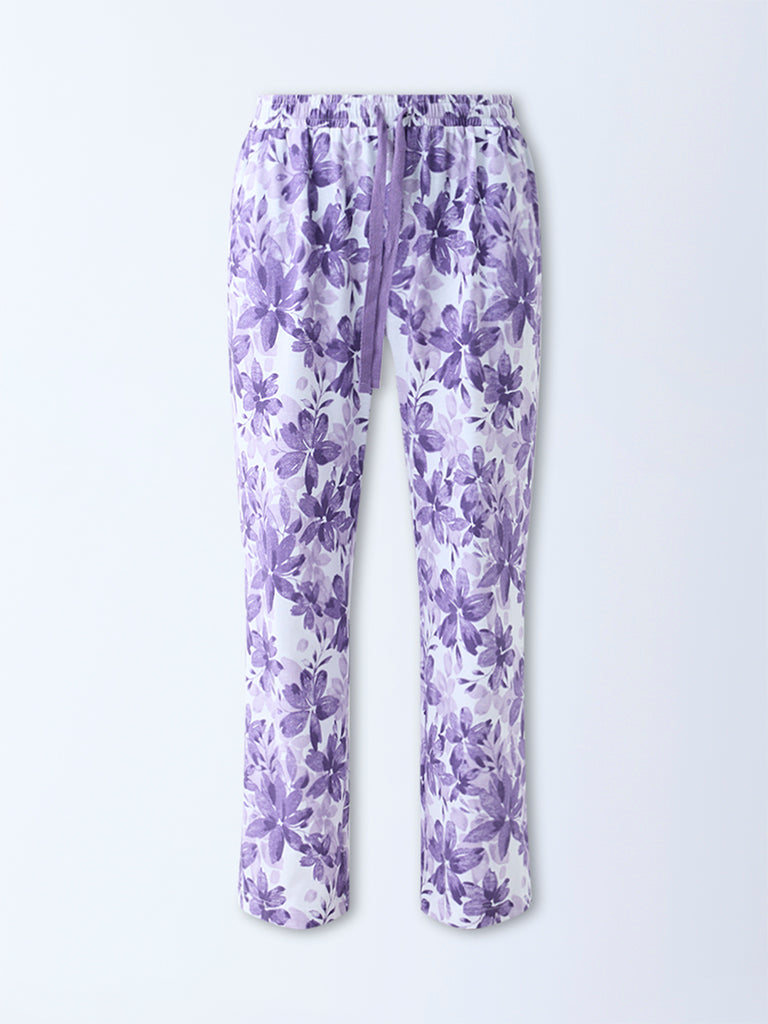 Wunderlove Purple Floral Design High-Rise Cotton Lounge Pants