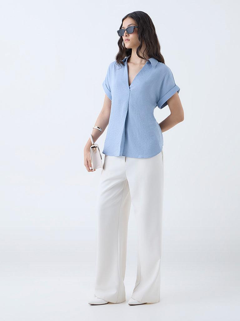 Wardrobe Light Blue Crinkle-Textured Top