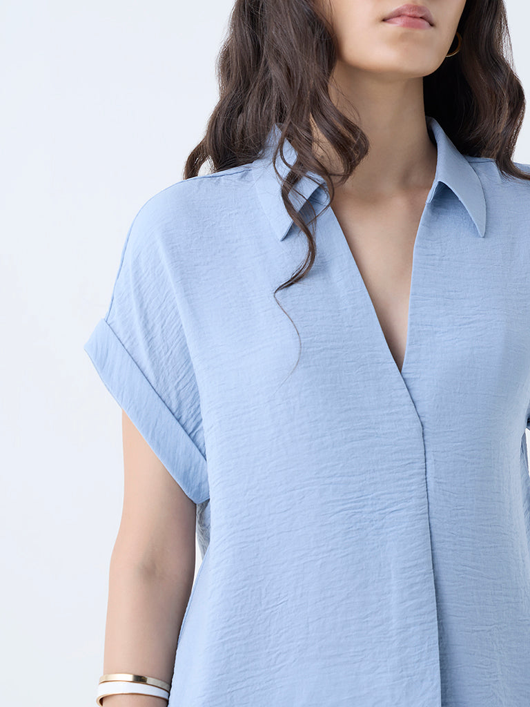 Wardrobe Light Blue Crinkle-Textured Top