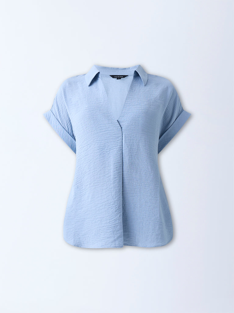 Wardrobe Light Blue Crinkle-Textured Top
