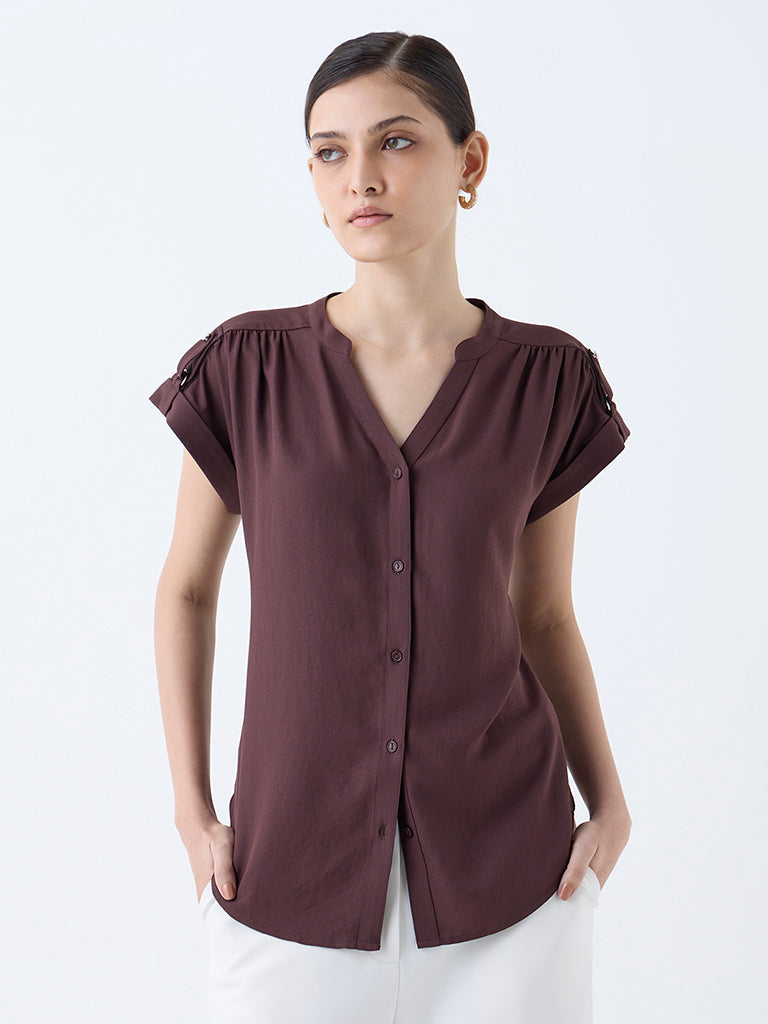 Westside Wardrobe Women's Dark Brown Solid Shirt for Work Wear Front view