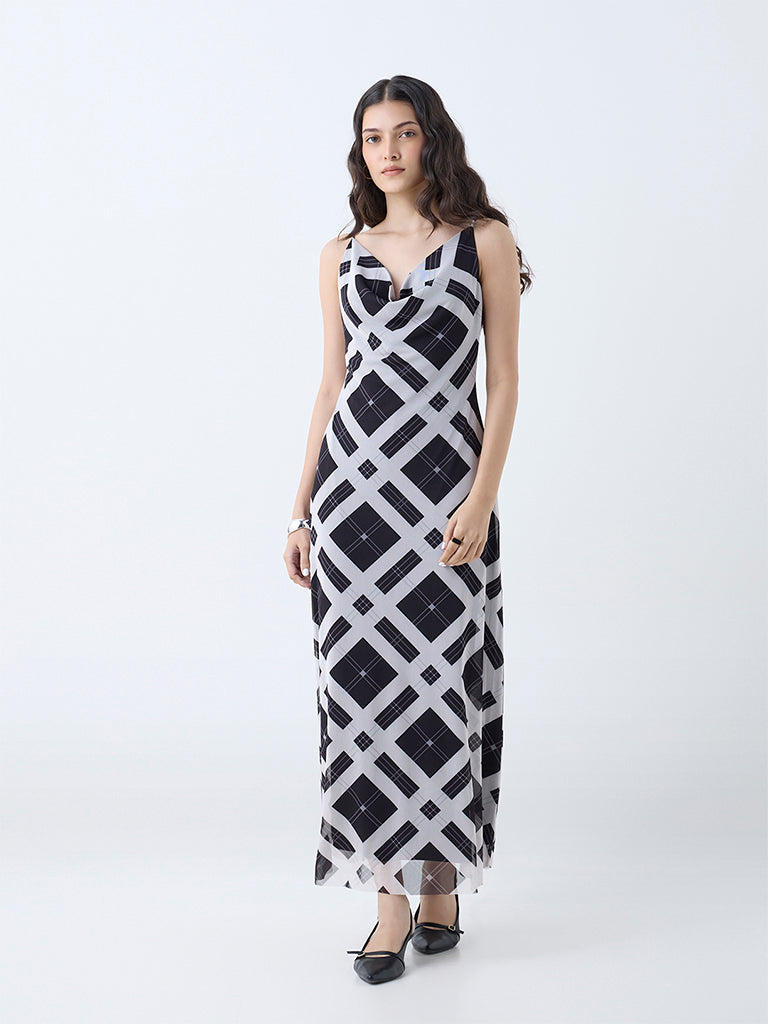 Wardrobe Black Checks Cowl Neck A-Line Dress