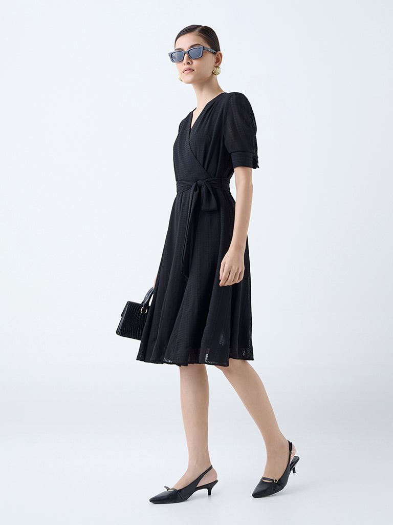 Wardrobe Black Seersucker Wrap-Style Dress