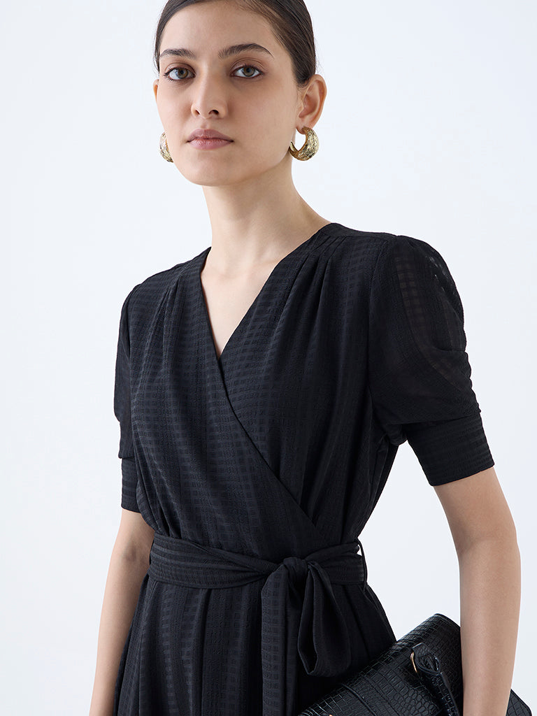 Wardrobe Black Seersucker Wrap-Style Dress