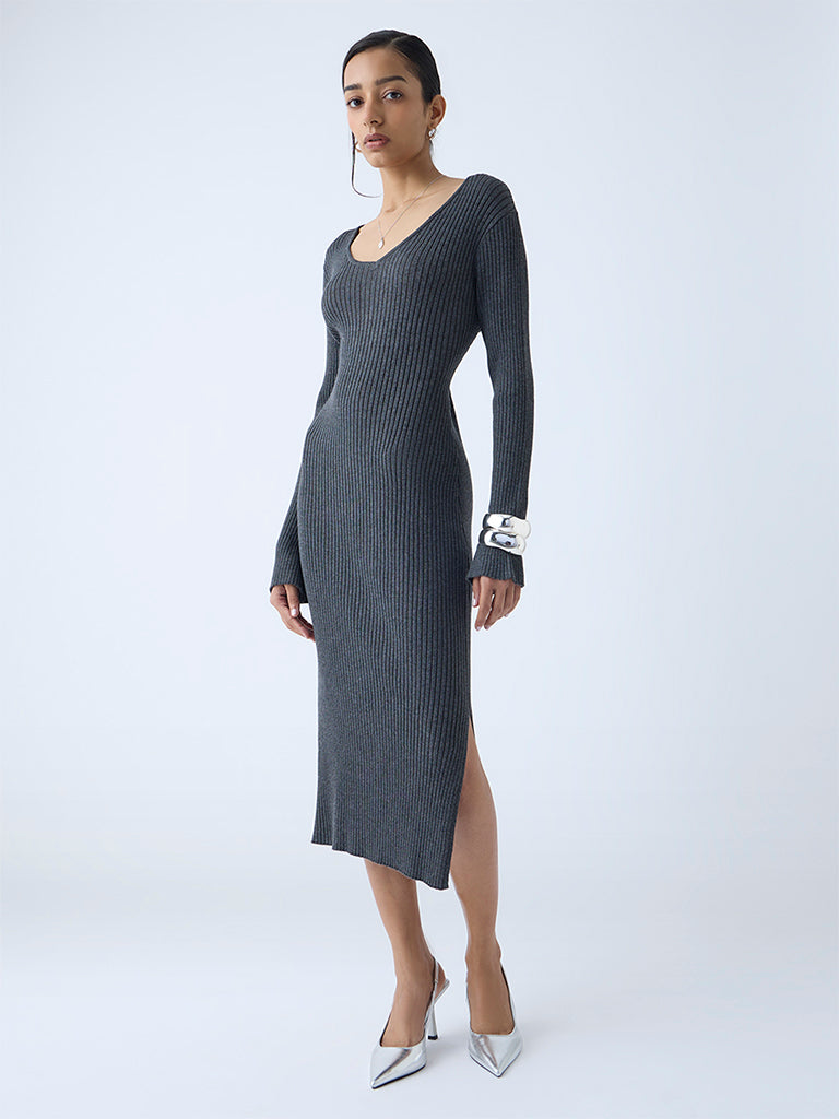 Wardrobe Charcoal Ribbed-Textured Bodycon Dress