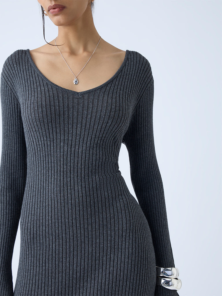 Wardrobe Charcoal Ribbed-Textured Bodycon Dress