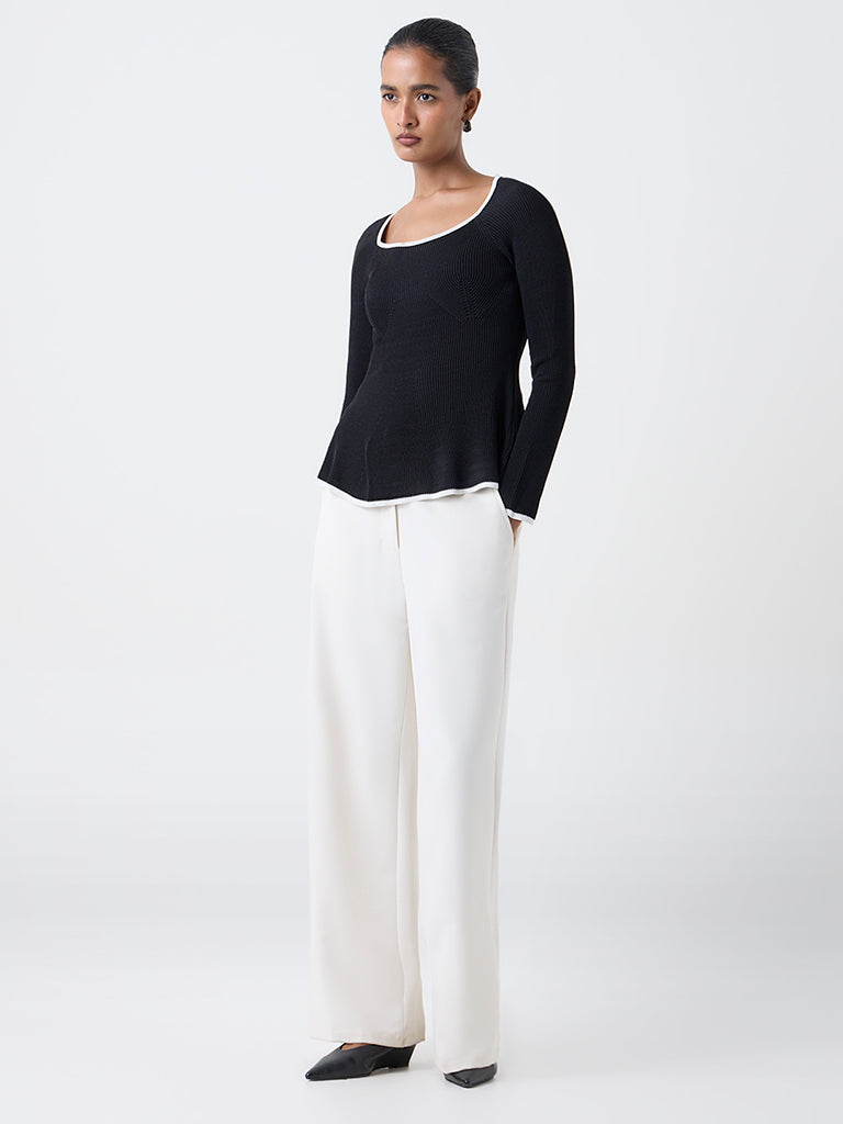 Wardrobe Black Ribbed-Textured Peplum Top
