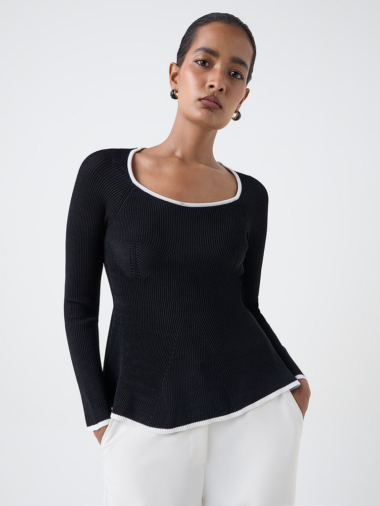 Wardrobe Black Ribbed-Textured Peplum Top