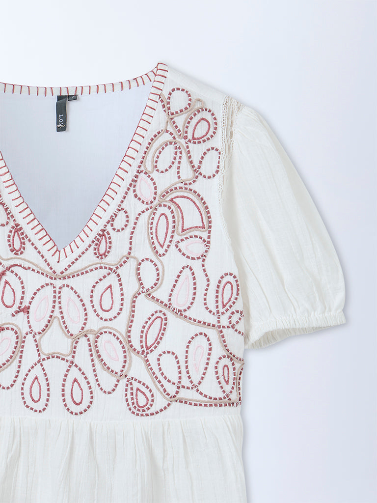 LOV White Embroidered Cotton Peplum Top