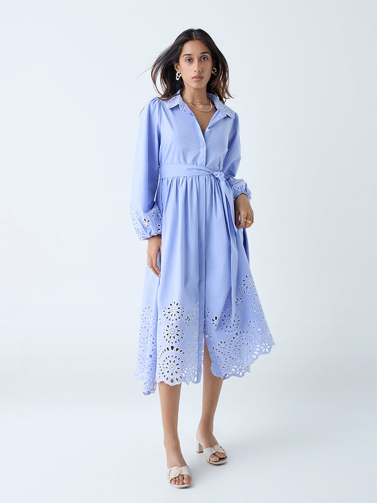 Buy LOV Light Blue Schiffli Design Cotton Shirt Dress with Belt