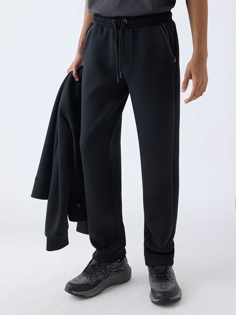 Studiofit Black Solid Relaxed-Fit Mid-Rise Track Pants