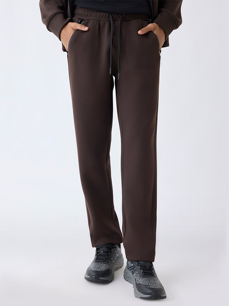 Studiofit Dark Brown Relaxed-Fit Mid-Rise Track Pants