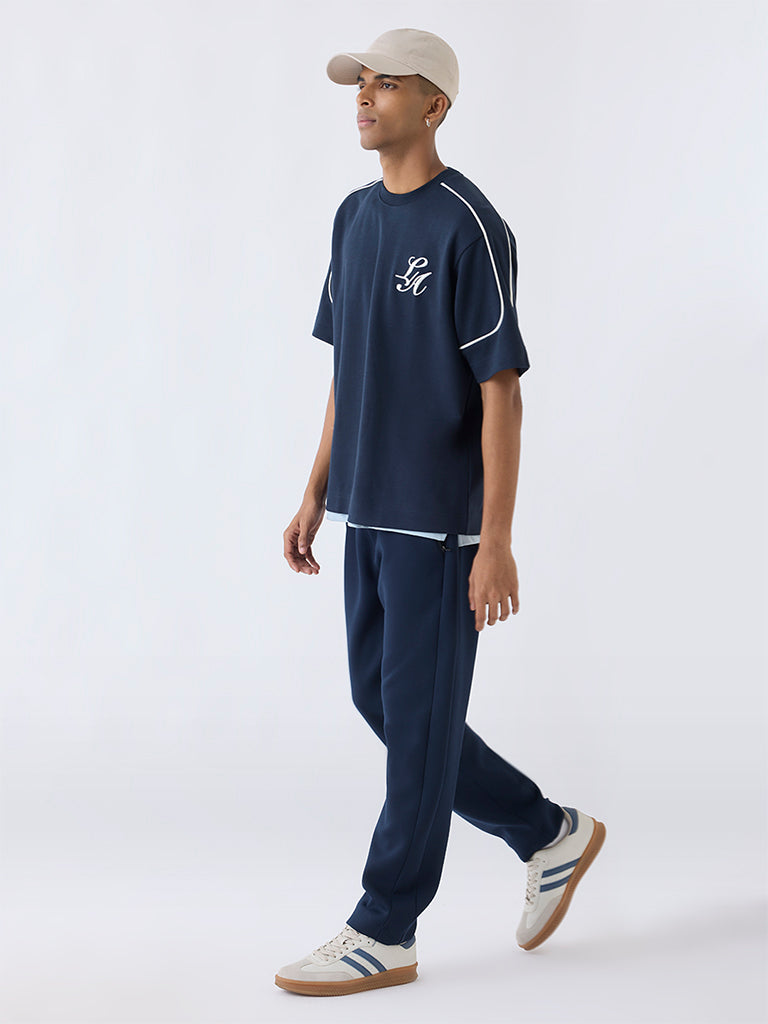 Studiofit Navy Solid Relaxed-Fit Mid-Rise Track Pants