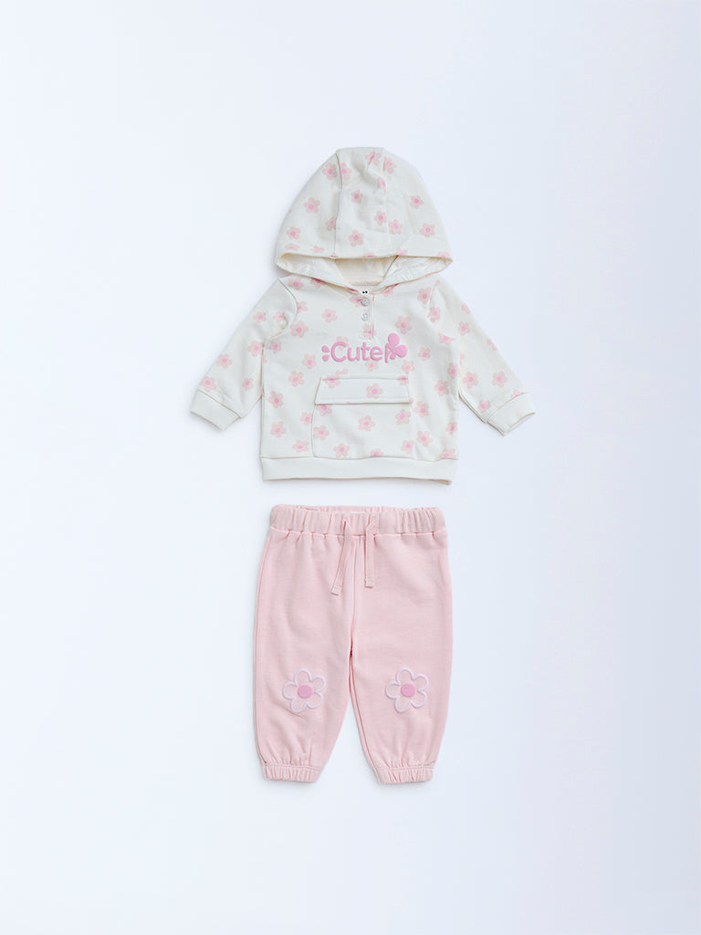 HOP Baby Pink Floral Design Cotton Sweatshirt with Joggers Set