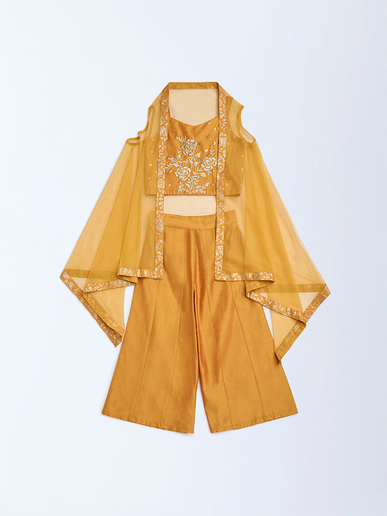 Westside Utsa Kids Mustard Floral Ethnic Top, Pants and Shrug Set - (2-8yrs) for Ethnic Wear Front View