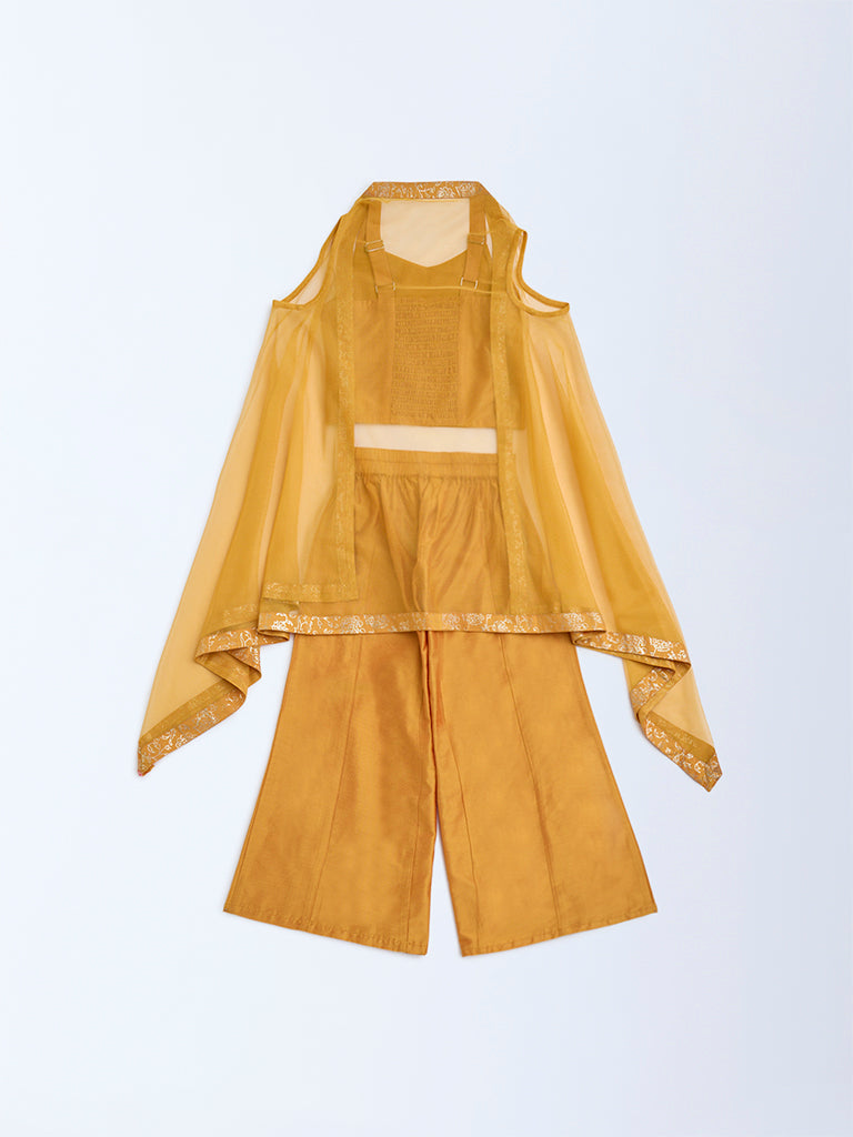 Westside Utsa Kids Mustard Floral Ethnic Top, Pants and Shrug Set - (2-8yrs) for Ethnic Wear Back View