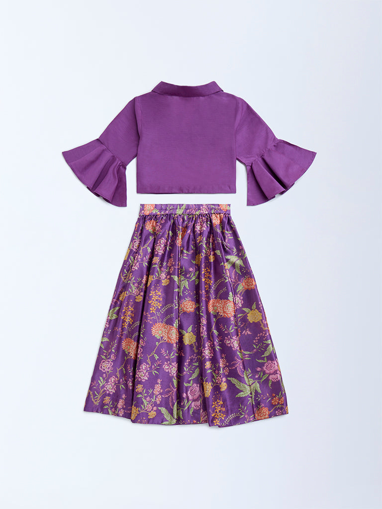 Utsa Kids Girls Purple Floral Pattern Ethnic Set - (2 - 8yrs)