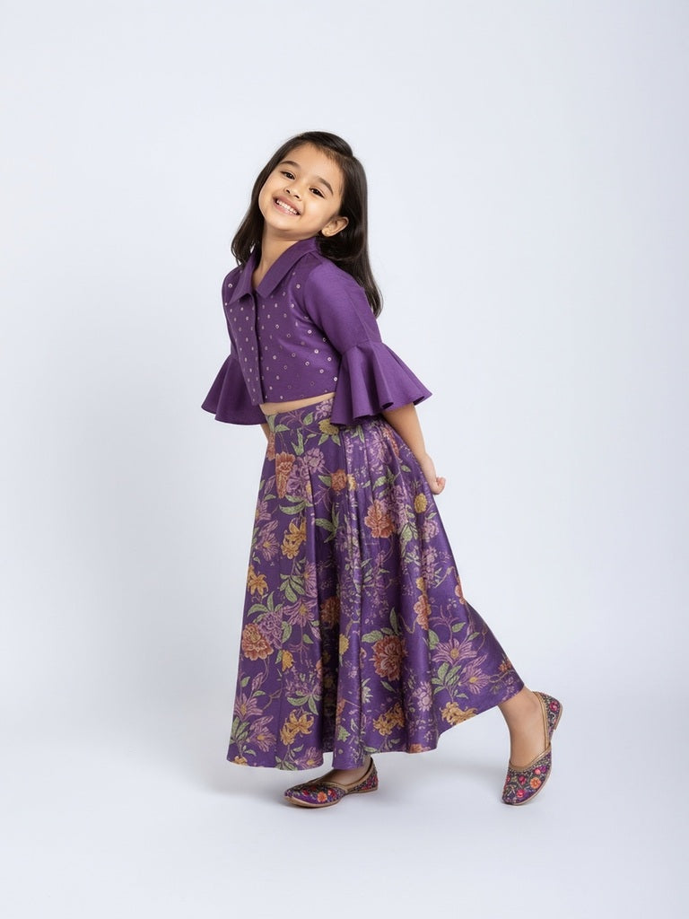 Utsa Kids Girls Purple Floral Pattern Ethnic Set - (2 - 8yrs)