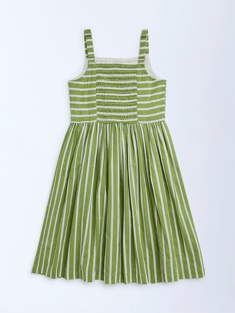 Utsa Kids Green Stripe Printed Cotton A-Line Dress - (8-14yrs)