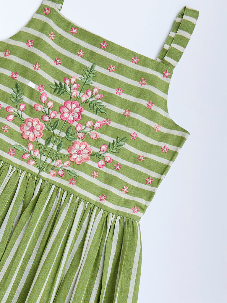 Utsa Kids Green Stripe Printed Cotton A-Line Dress - (8-14yrs)
