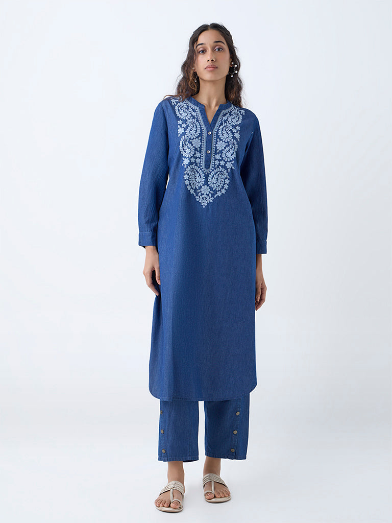 Utsa Indigo Solid Denim Ethnic Pants