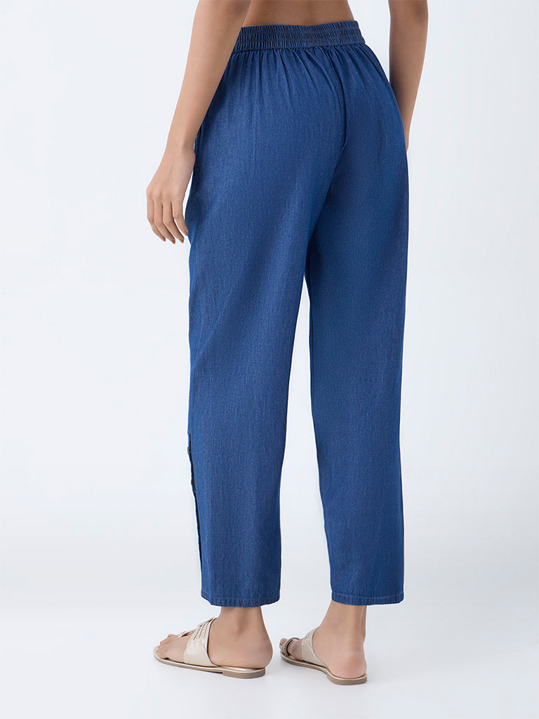 Utsa Indigo Solid Denim Ethnic Pants