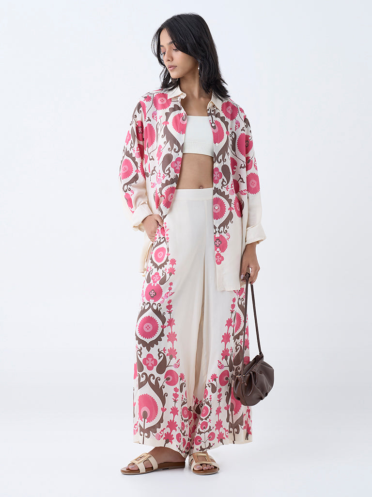 Westside Utsa Women's Cream Floral Design Palazzos for Work Wear Full View