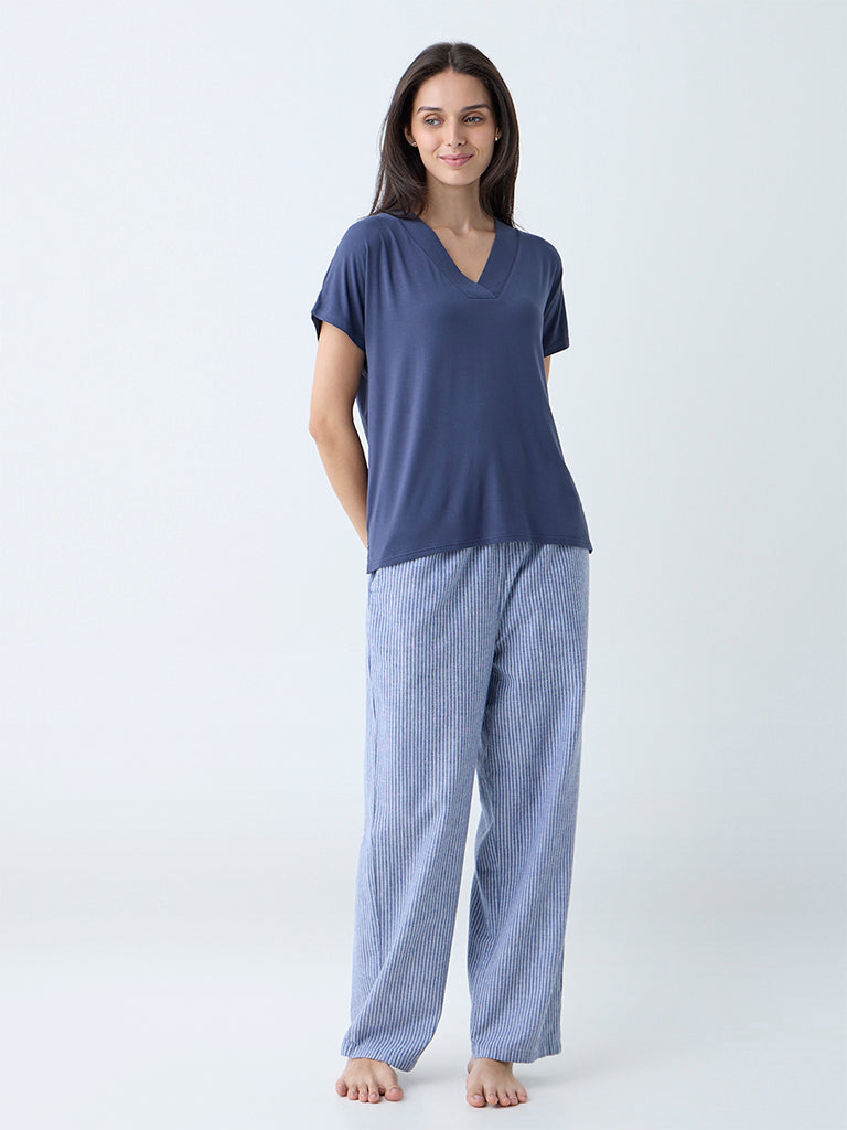 Wunderlove Dusty Blue Solid V-Neck T-Shirt