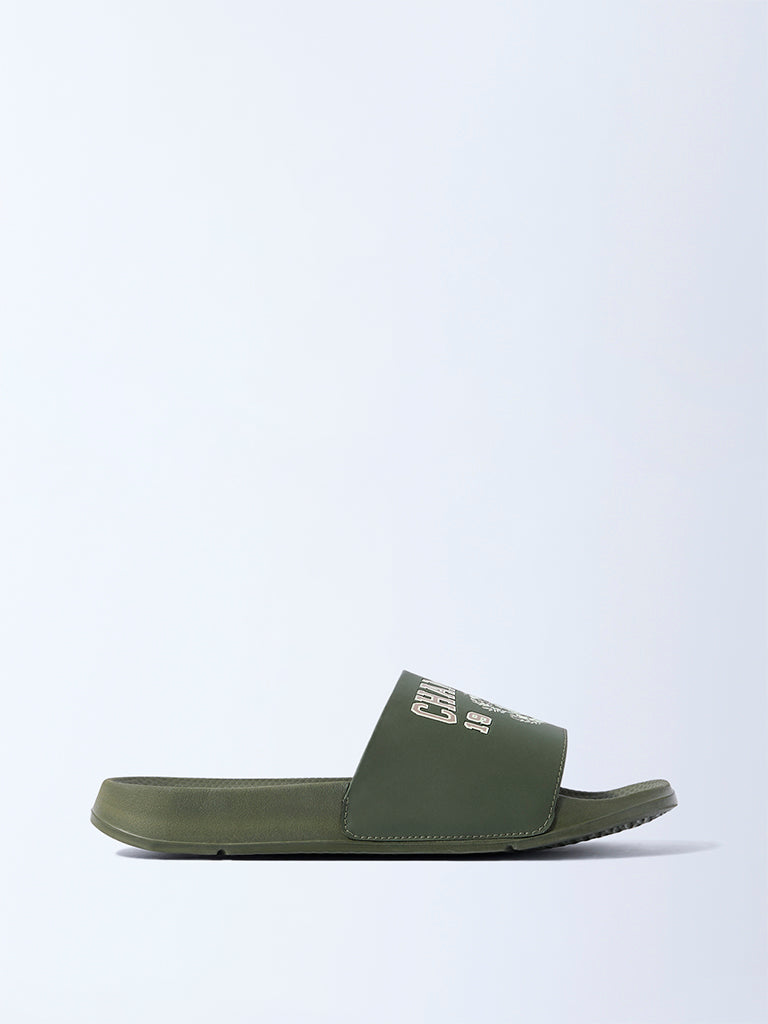 Westside SOLEPLAY Men's Olive Typographic Pool Slides for Casual Wear Side View