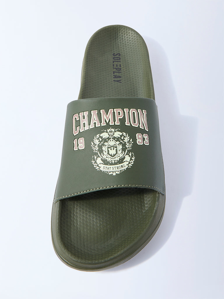 Westside SOLEPLAY Men's Olive Typographic Pool Slides for Casual Wear Top View