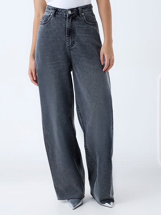 Nuon Grey-Wash High-Waist Wide Leg Fit Jeans