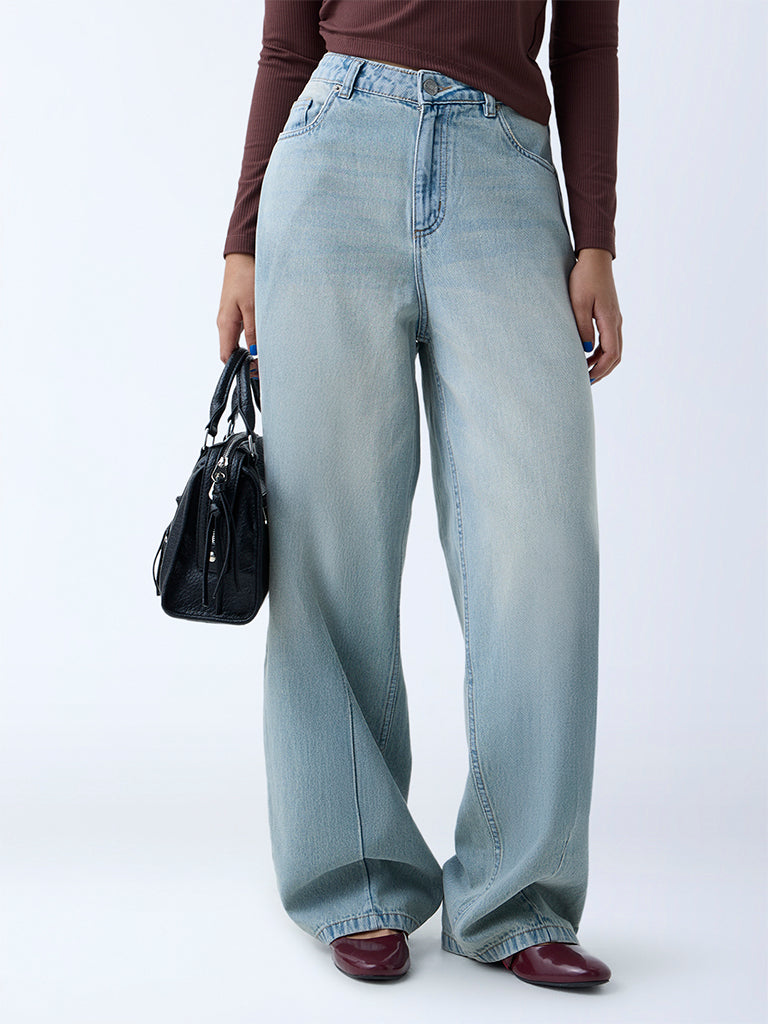 Nuon Light Blue Washed Wide-Leg High-Rise Jeans