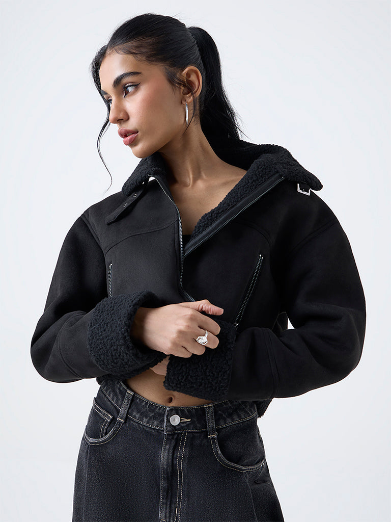 Nuon Black Fleece-Textured Jacket