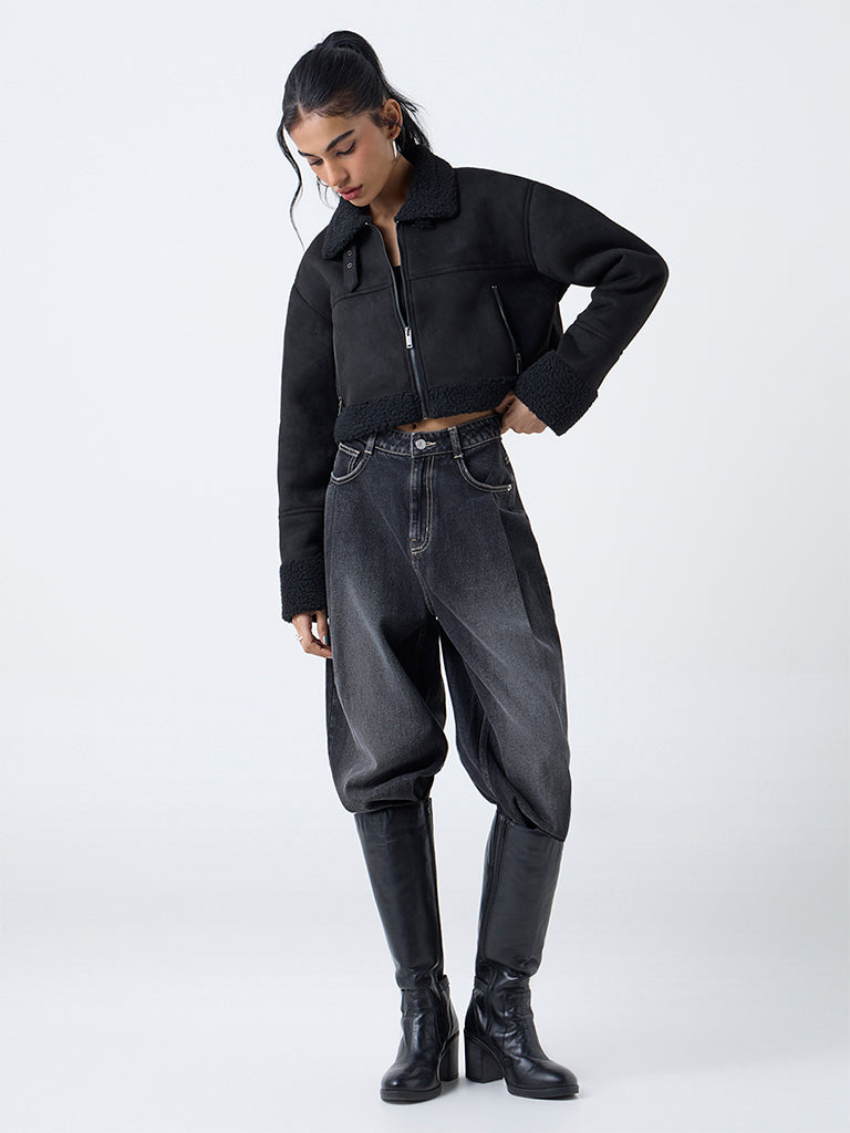 Nuon Black Fleece-Textured Jacket