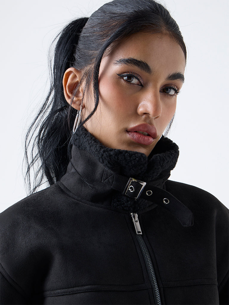 Nuon Black Fleece-Textured Jacket