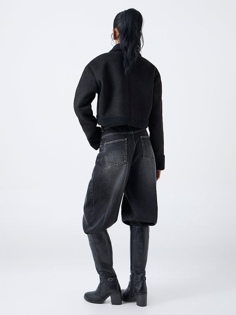 Nuon Black Fleece-Textured Jacket