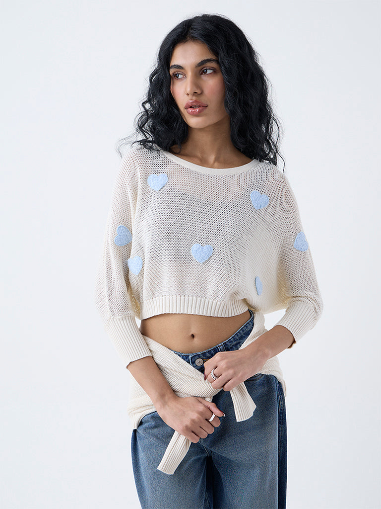 Nuon Blue Heart Embroidered Cotton Sweater