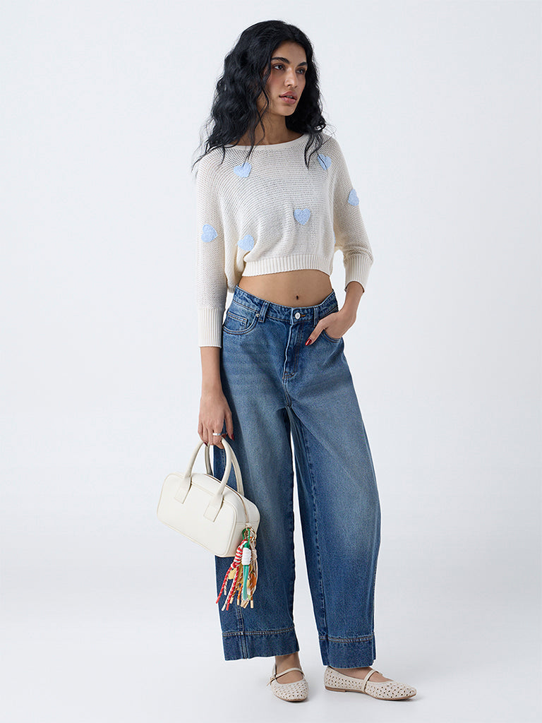 Nuon Blue Heart Embroidered Cotton Sweater