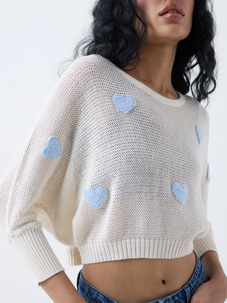 Nuon Blue Heart Embroidered Cotton Sweater