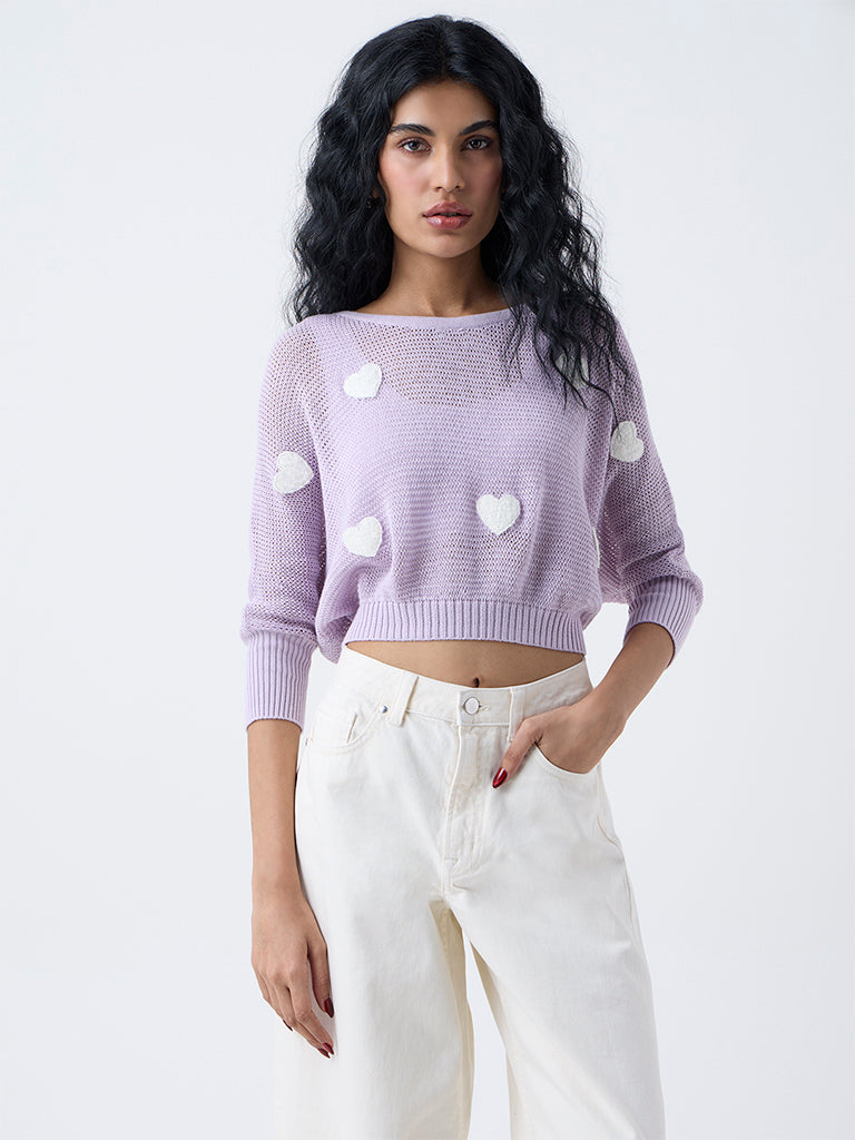 Nuon Lilac Heart Embroidered Cotton Sweater