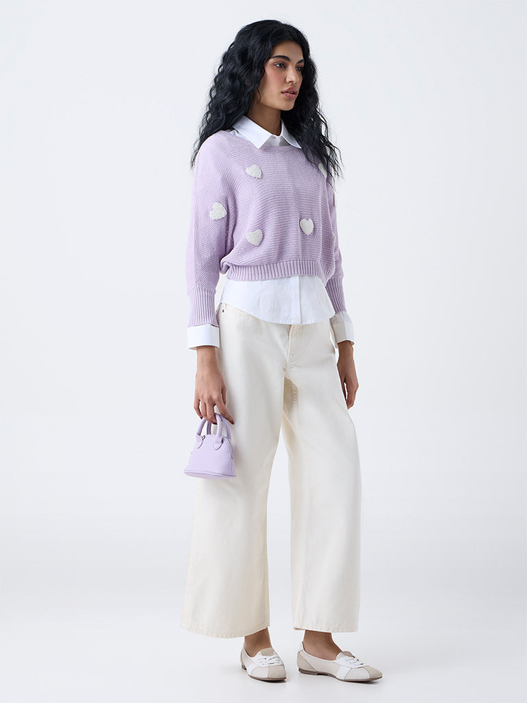 Nuon Lilac Heart Embroidered Cotton Sweater