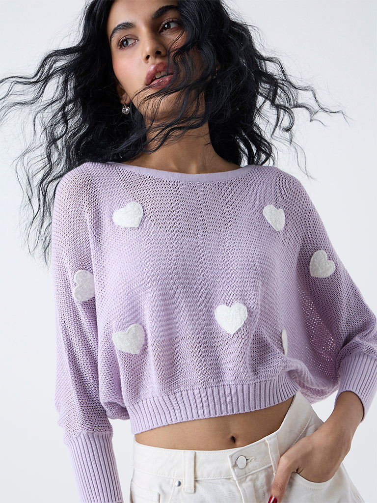 Nuon Lilac Heart Embroidered Cotton Sweater