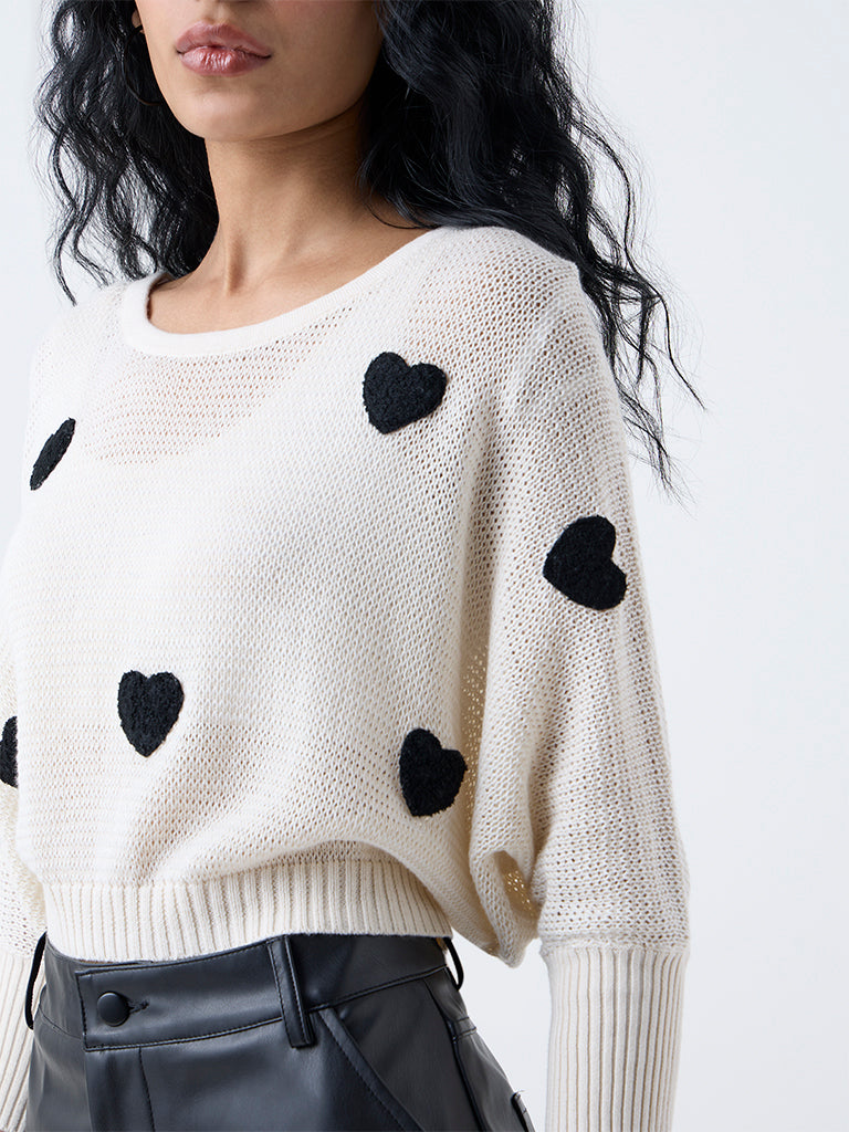 Nuon Off-White Heart Embroidered Cotton Sweater