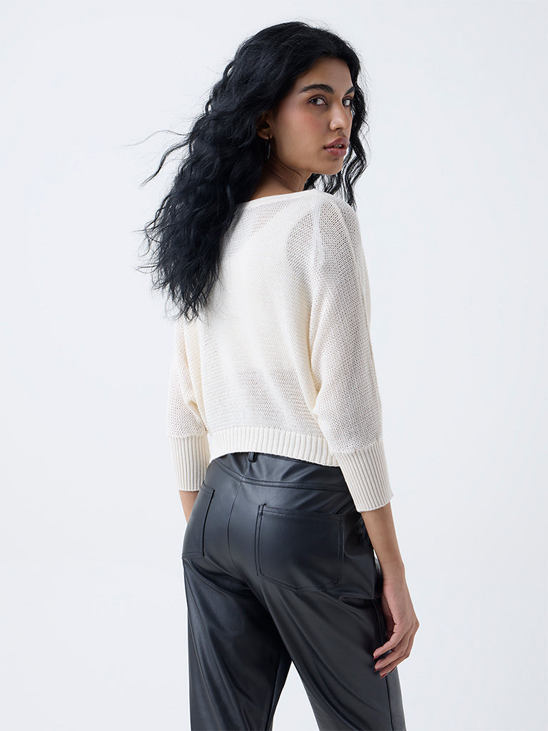 Nuon Off-White Heart Embroidered Cotton Sweater