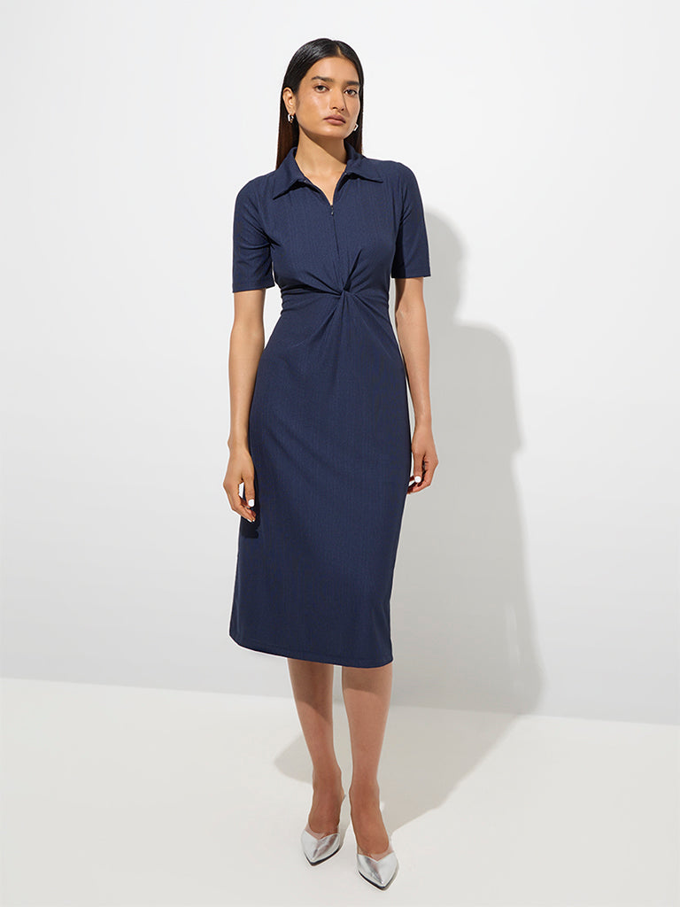 Westside Wardrobe Women's Navy Knot-Detailed A-Line Dress for Work Wear Front View