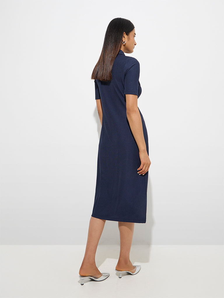 Westside Wardrobe Women's Navy Knot-Detailed A-Line Dress for Work Wear Back View